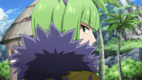 a cartoon character with green hair and a purple fur collar