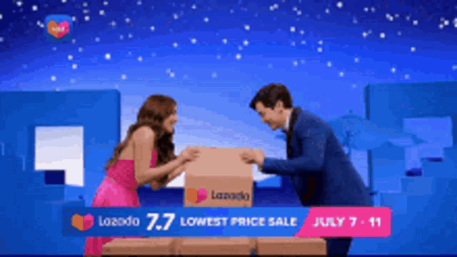 a man and a woman are holding a cardboard box that says lazada 7.7 lowest price sale