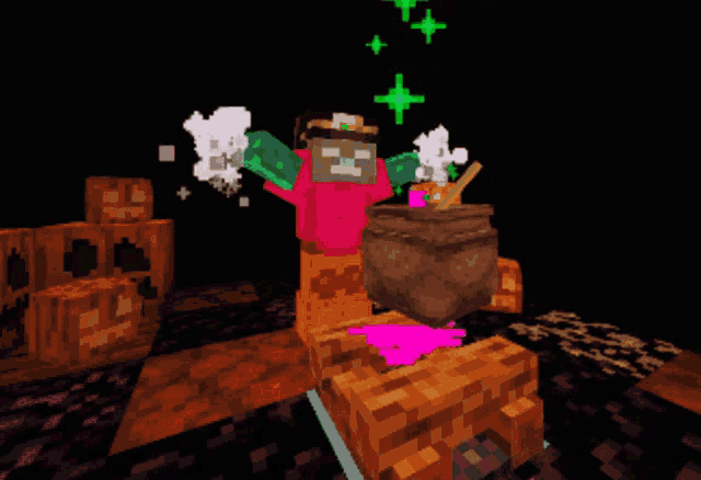 a pixel art of a scarecrow holding a cauldron with a green light behind him