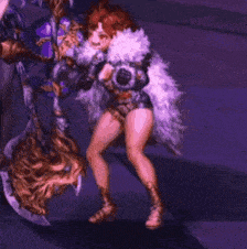 a woman in a fur coat is standing next to a man in armor holding a sword .