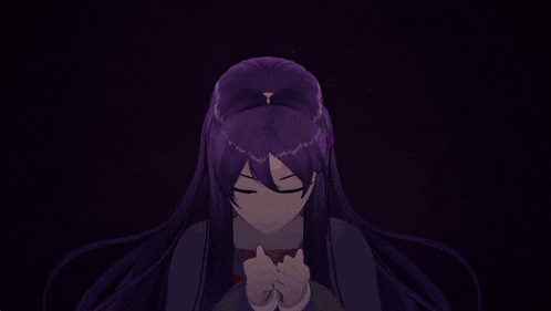 a girl with purple hair and purple eyes holds her hands up