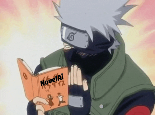 a cartoon character reading a book called novelai