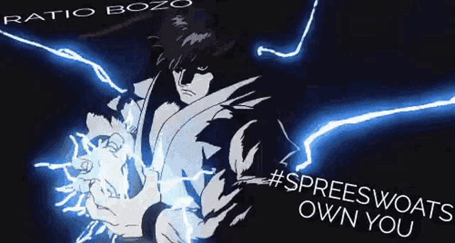 a cartoon of a man holding a sword with lightning coming out of his hands .