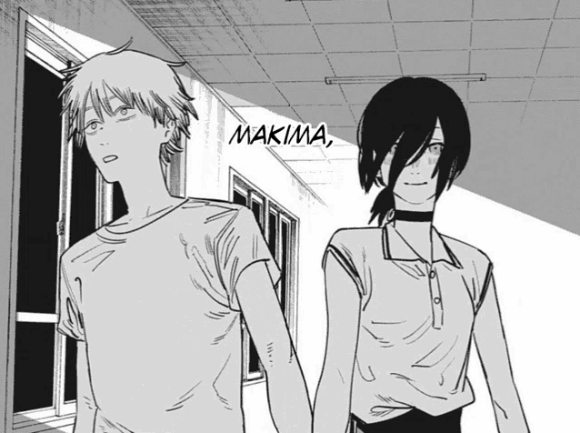 a black and white drawing of a man and a woman holding hands with a caption that says makima