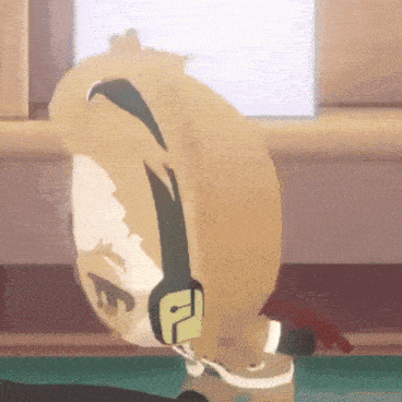 a cartoon character wearing headphones with the letter f on them