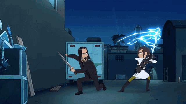 a cartoon of a man and a woman fighting with lightning coming out of their hands