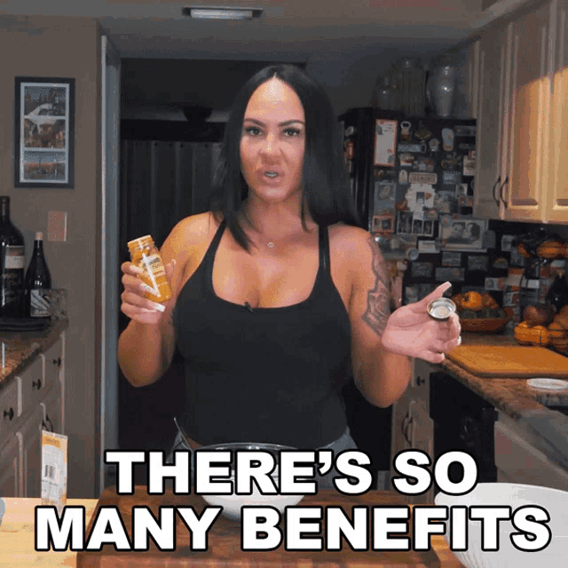 a woman in a kitchen with the words " there 's so many benefits " on the bottom
