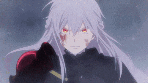 a white haired anime character with red eyes and blood on his face