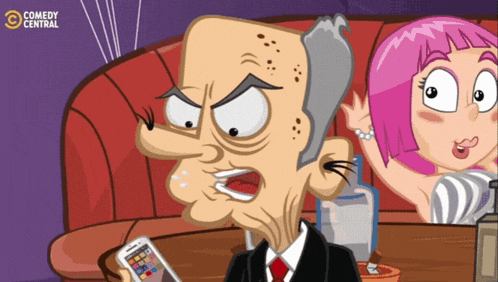 a cartoon of a man holding a cell phone next to a woman with pink hair and the words comedy central on the bottom