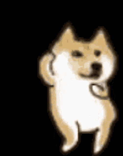 a doge is standing on its hind legs and waving at the camera .