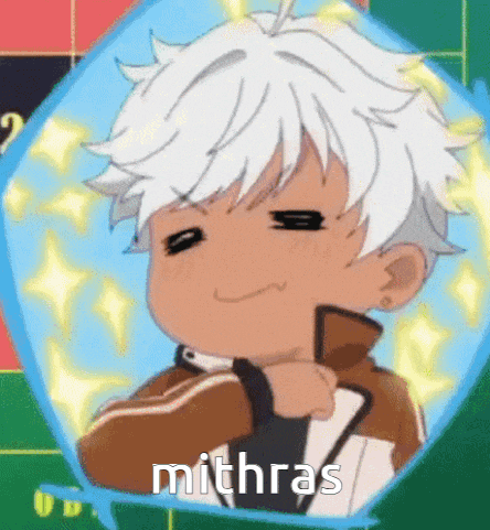 a cartoon of a boy with white hair and the word mithras written on the bottom .