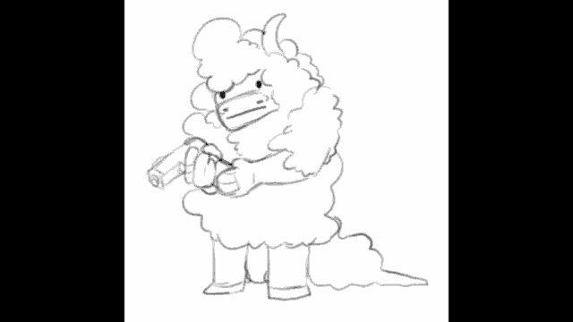 a drawing of a sheep holding a gun and glasses .