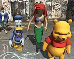 donald duck mermaid winnie the pooh and ariel are standing on a street