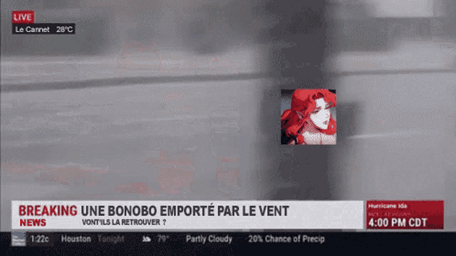 a breaking news headline shows a picture of a woman with red hair