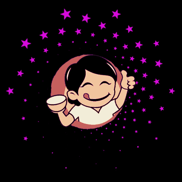 a cartoon girl is holding a bowl and giving a thumbs up sign