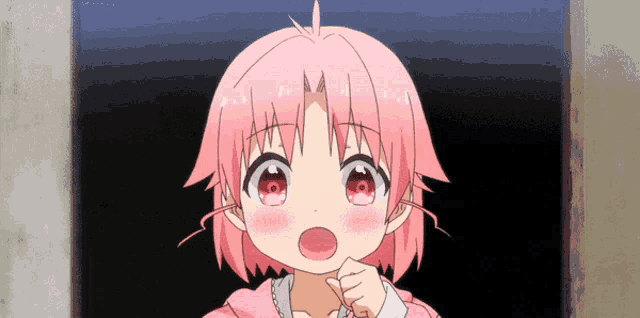 a cartoon girl with pink hair and red eyes looks surprised