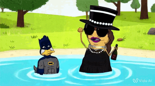 a duck in a batman costume is standing next to a woman in a top hat and sunglasses