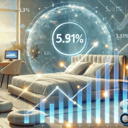 a bedroom with a bed and a graph showing a 5.91 % increase
