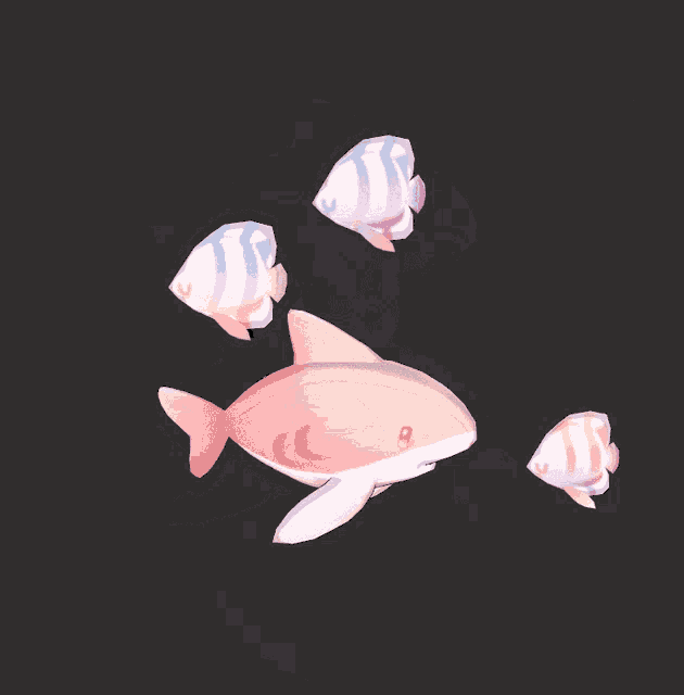 a pink shark is surrounded by bubbles and a few fish