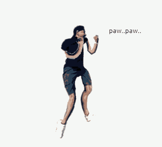 a man in a black shirt and shorts is jumping in the air with paw paw written below him