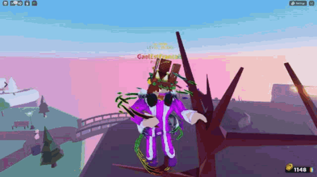 a screenshot of a video game shows a character with a purple outfit and a crown on their head
