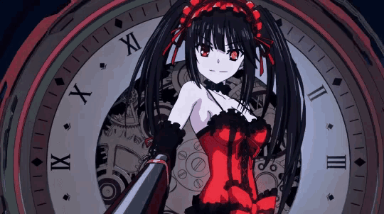 a girl in a red dress is standing in front of a clock with roman numerals x x and ii on it