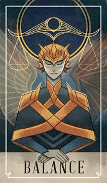 a tarot card of a man with a helmet and scales on his head is titled balance .