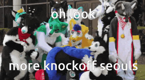 a group of furry animals are posing for a picture and the caption says oh look more knockoff seouls
