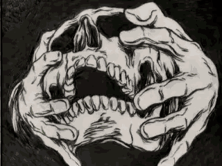 a black and white drawing of a person holding a skull in their hands