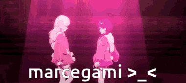 a couple of anime girls are standing next to each other in a dark room with the words marcegami written on the bottom .