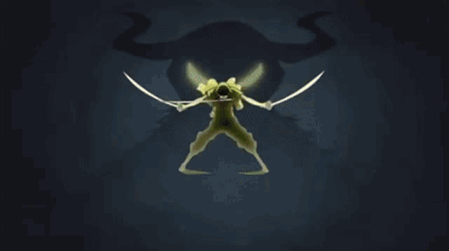 a man is holding a sword in his mouth while standing in the dark .