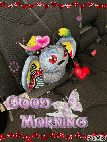 a picture of a stuffed animal in a car seat says good morning picmix