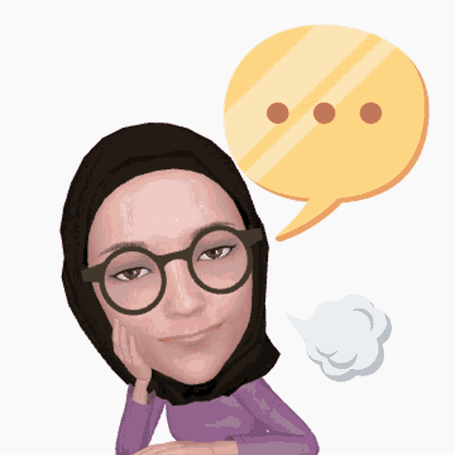 a cartoon of a woman with glasses and a speech bubble above her head