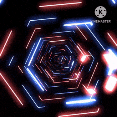 red and blue lights are moving in a circle and the letters k are on the bottom right