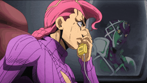 a cartoon character with pink hair is talking on a yellow phone