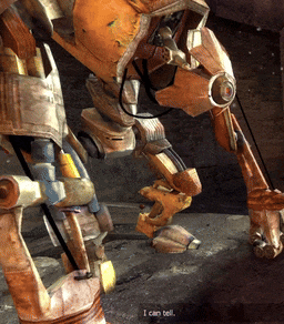 a robot with the words " i can tell " on it