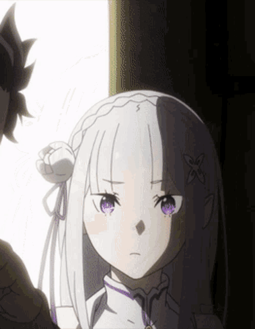 a girl with white hair and purple eyes has a flower on her head