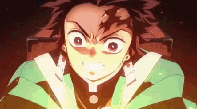 a close up of a demon slayer character 's face with a very angry look on his face .