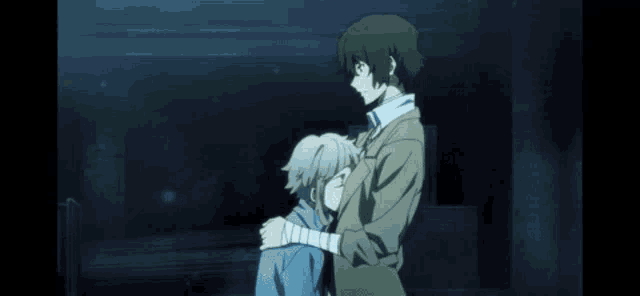 a man is hugging another man in a dark room and says `` i have no such tastes in men . ''