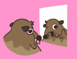 a cartoon hamster looking at itself in a mirror