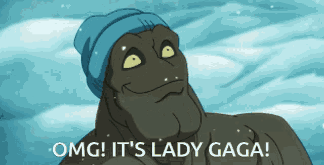a cartoon character wearing a blue beanie says omg it 's lady gaga