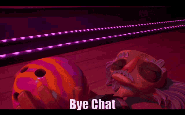 a cartoon character holding a bowling ball with the words bye chat below him