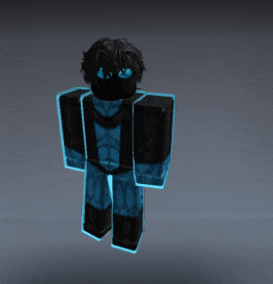 a cartoon character with glowing eyes is standing in front of a grey background