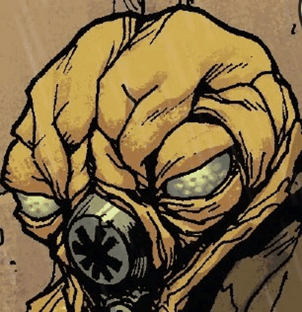 a close up of a cartoon character wearing a gas mask with glowing eyes .