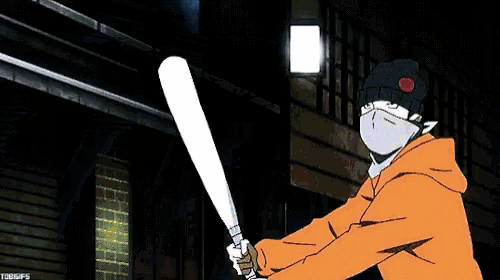 a man with a mask on his face is holding a bat in his hand