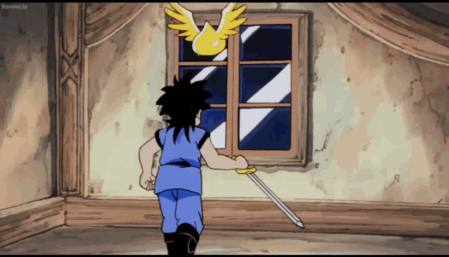 a cartoon of a boy holding a sword in front of a window with a bird flying overhead