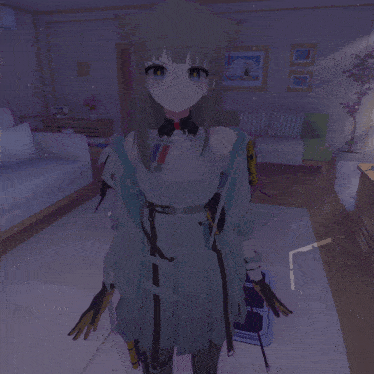 a girl with a cat ear is standing in a room