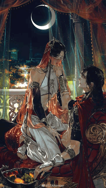 a man and a woman are sitting on a couch with a crescent moon behind them