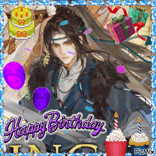 a picture of a man with long hair and the words happy birthday on it