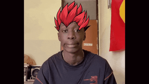 a man wearing a black shirt with a red haired character on his head